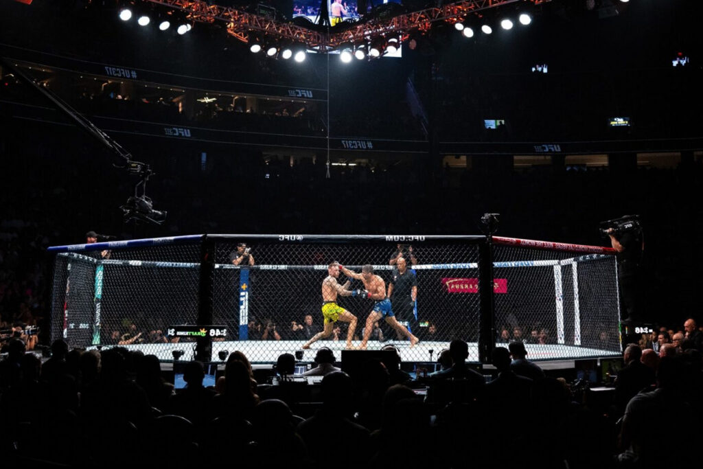 A wide arena shot captures two UFC fighters sparring in the cage under bright rig lighting, part of the UFC VIP experience curated by Perfect.Live