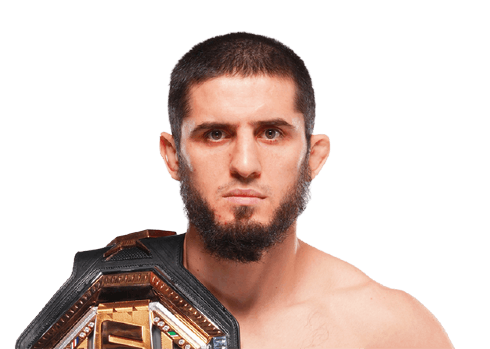 Studio portrait of a bearded UFC champion holding his title belt on a plain white background, part of the UFC VIP hospitality lineup curated by Perfect.Live