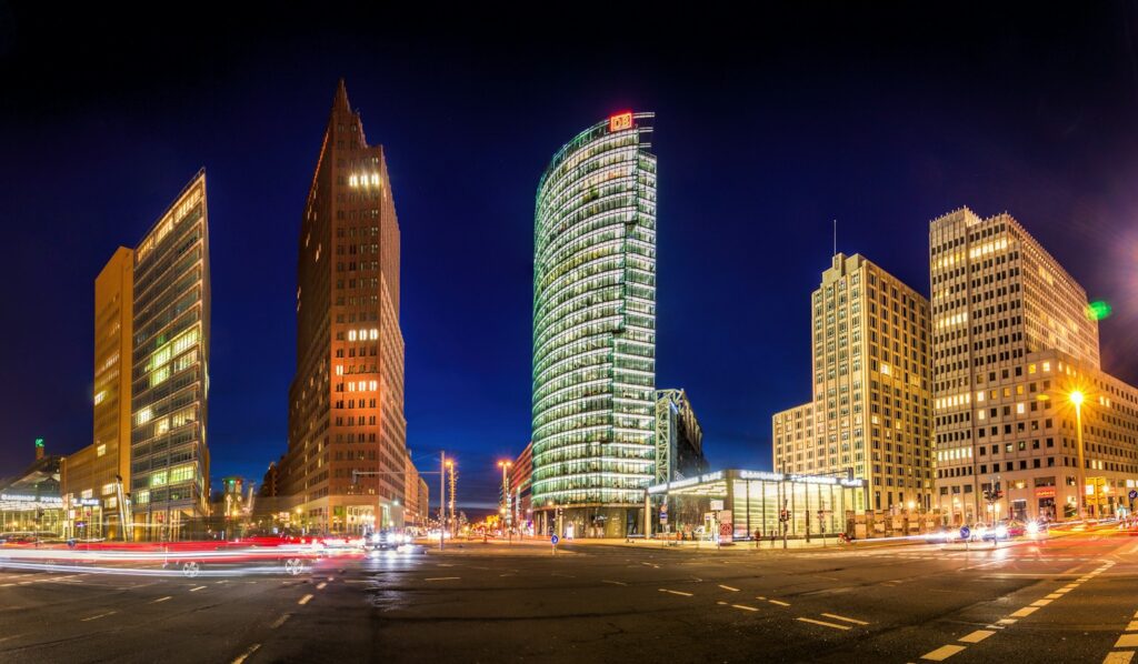 Potsdamer Platz in Berlin at night, where the Berlinale Palast hosts the festival