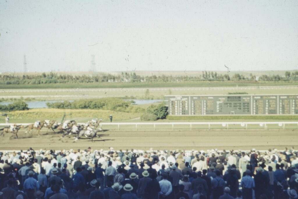 Racegoers gathered by the grandstand at Epsom Downs Racecourse