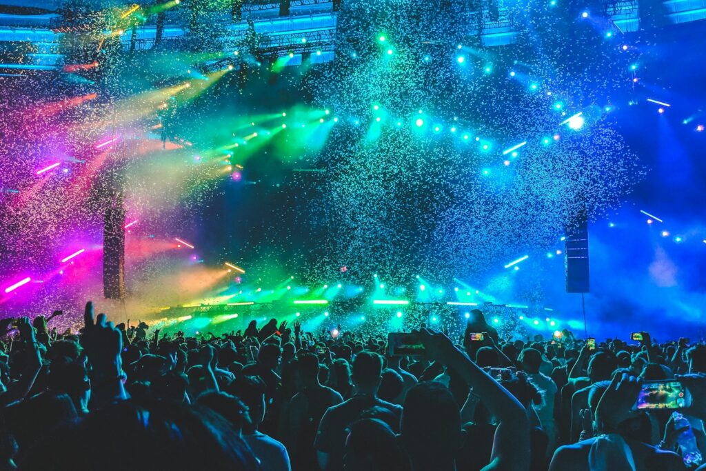 Crowd in front of the main stage after dark — Perfect.Live