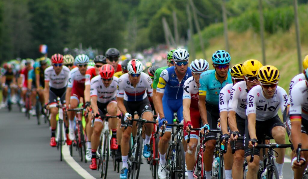 Peloton climbing a mountain road on a stage of the Giro d Italia