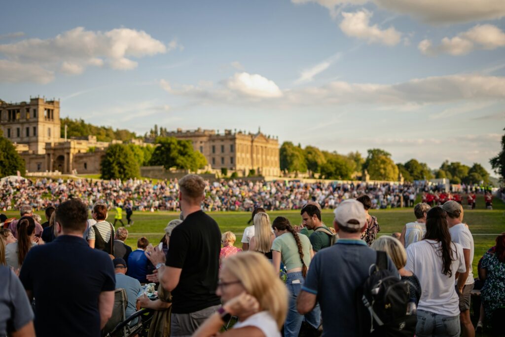 Guests gathered on the lawn before a performance at Glyndebourne