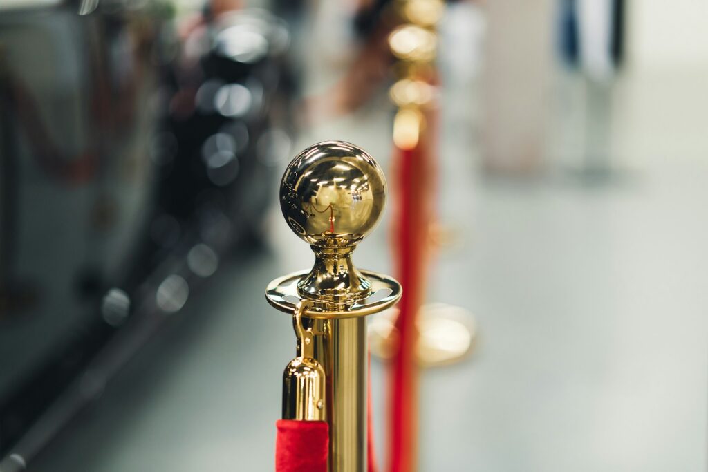 Red carpet stanchion set up ahead of an awards season evening
