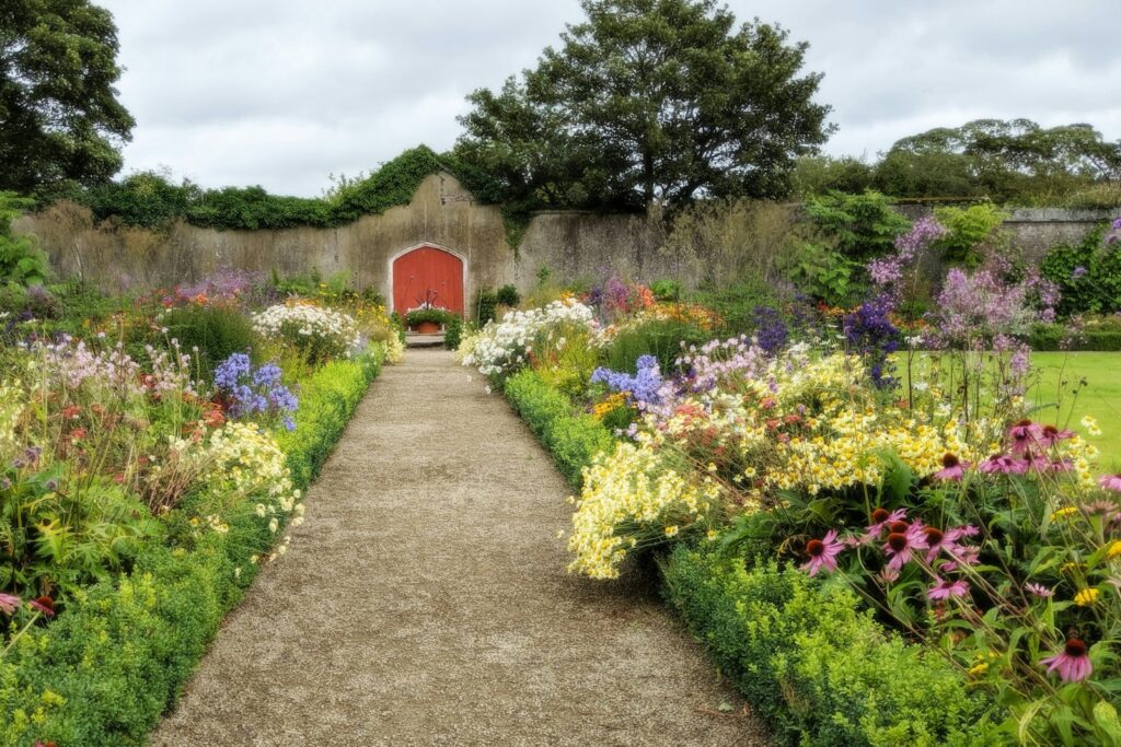Summer herbaceous borders along a path in a walled English garden