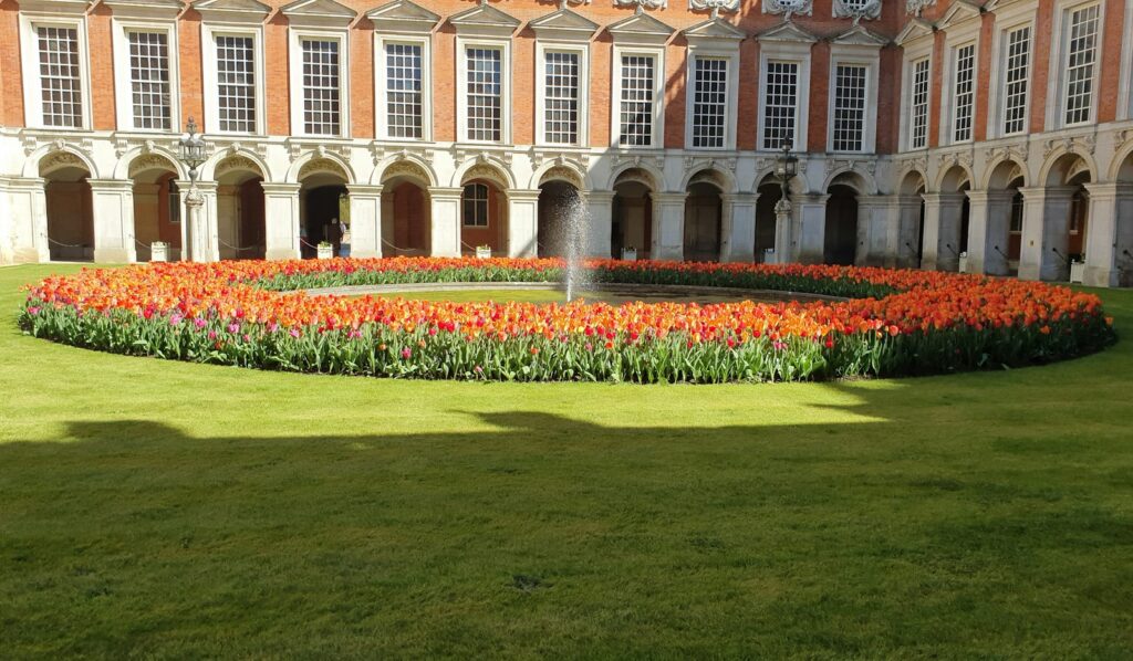 Formal gardens in front of Hampton Court Palace, home of the Hampton Court Flower Show