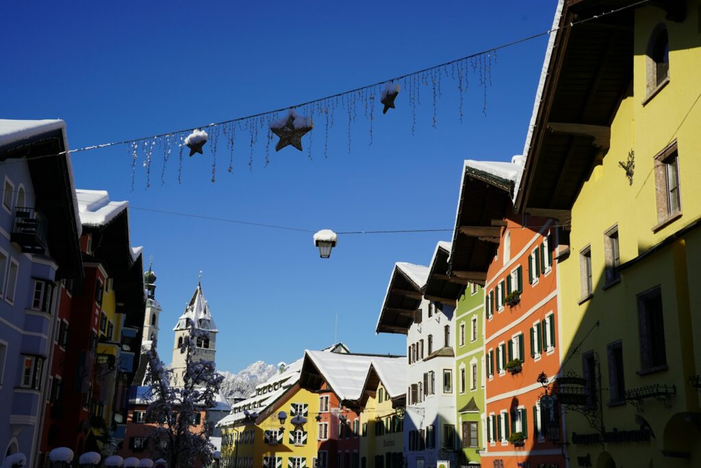 Snow-covered main street of Kitzbühel in the Austrian Tyrol during race week