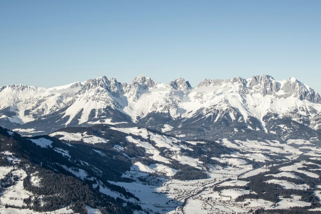 The Wilder Kaiser range above the Kitzbühel valley in winter