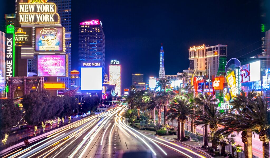 The floodlit Las Vegas Strip at night during the Las Vegas Grand Prix — Perfect.Live