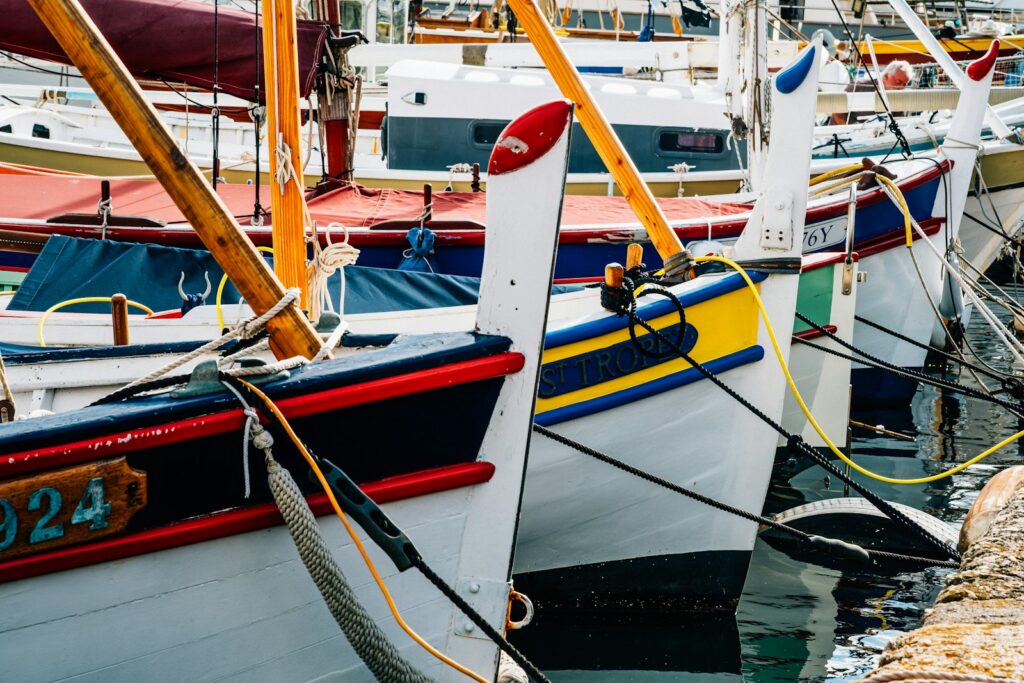 Classic wooden Tropezienne boats moored in the harbour