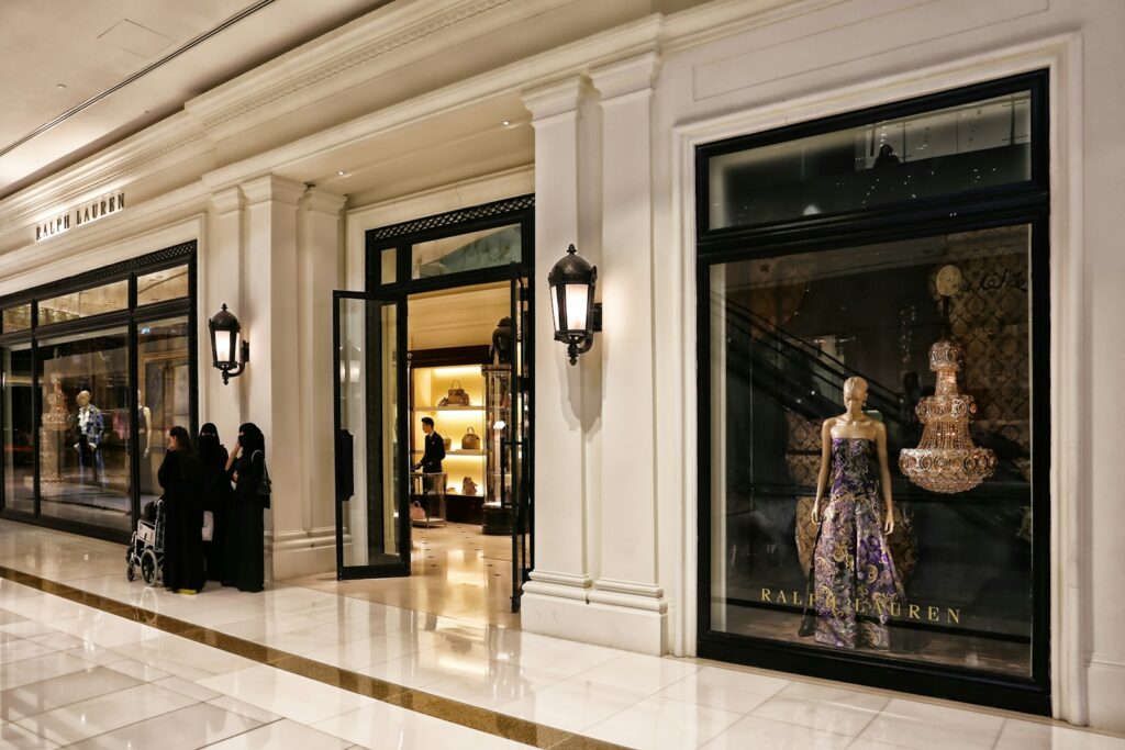 Interior of a London department store with private display cabinets and a personal shopping area