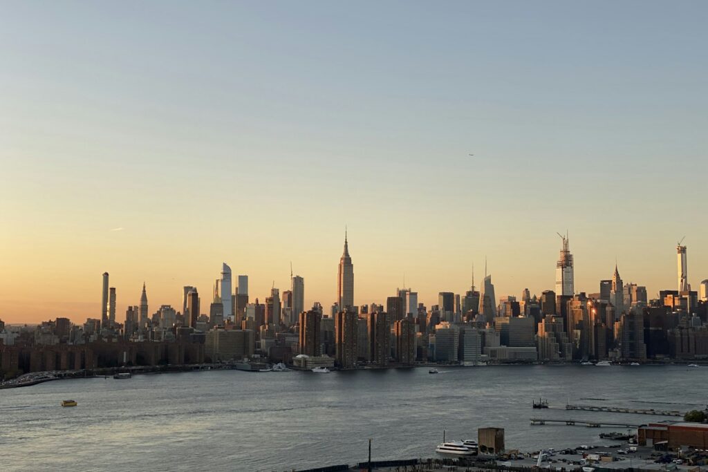 The Manhattan skyline seen from the Brooklyn side, which is the whole case for drinking on the other river bank