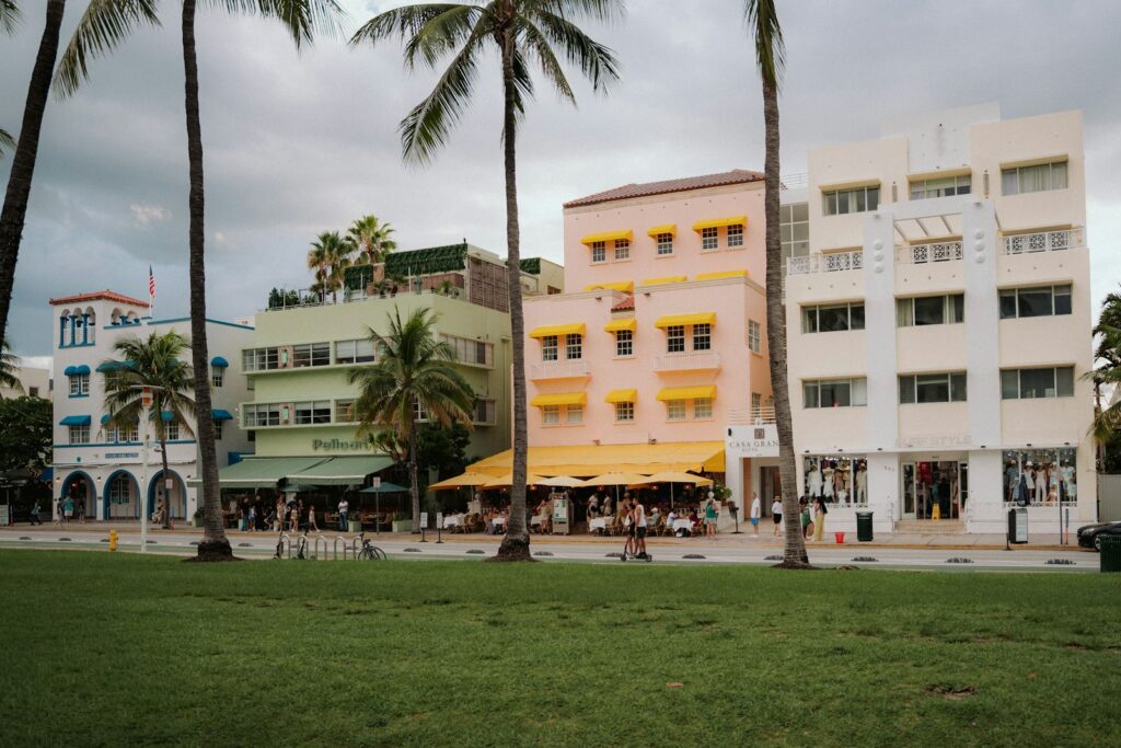 Art Deco frontages on Miami Beach, one of the three clusters the city’s dining splits into