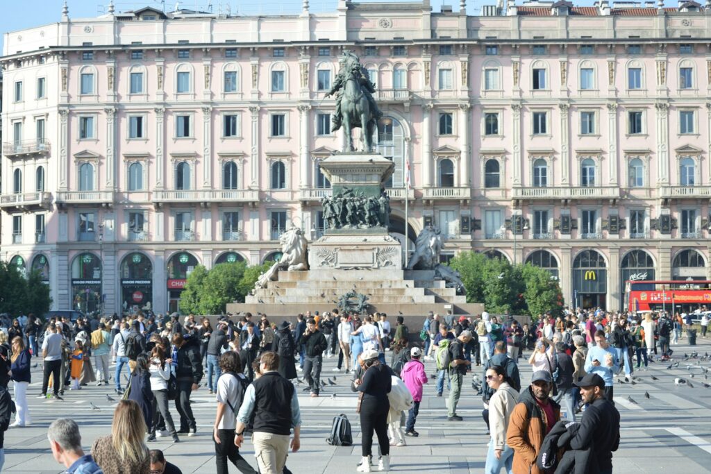 Piazza del Duomo at its busiest, the state the city stays in through Fashion Week and Salone del Mobile