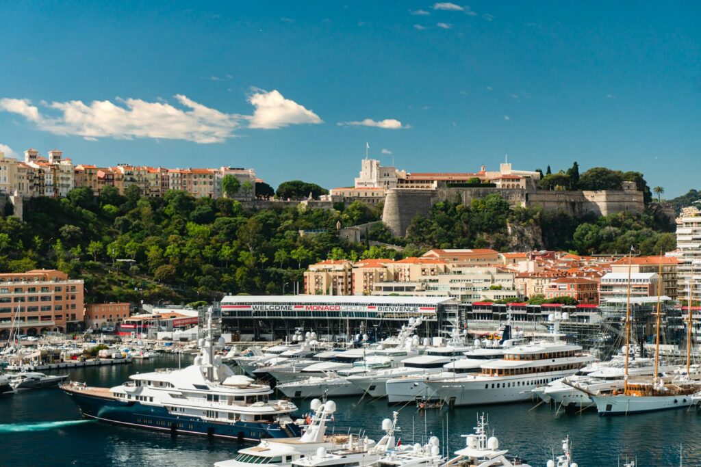 Yachts along the Monaco quays, where restaurant tables are committed months ahead of Grand Prix and Yacht Show weeks