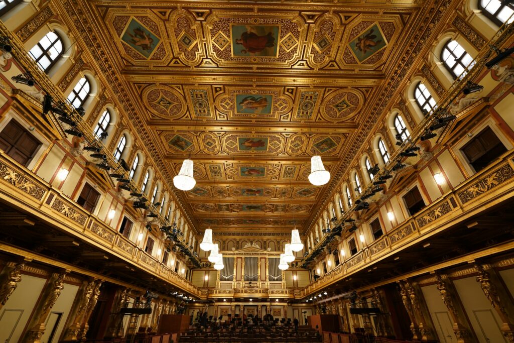 Gilded ceiling and chandeliers of the Golden Hall at the Musikverein