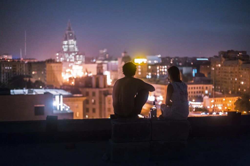 A rooftop terrace in the evening, when the sunset slot is the first thing to go from late spring onwards