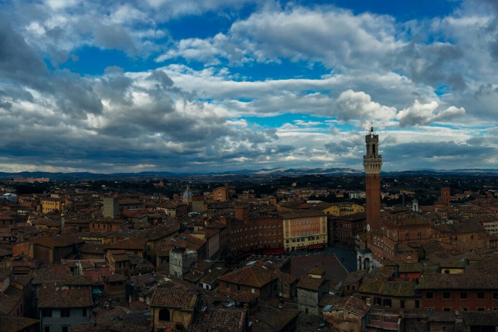 Aerial view of Siena and the Torre del Mangia bell tower