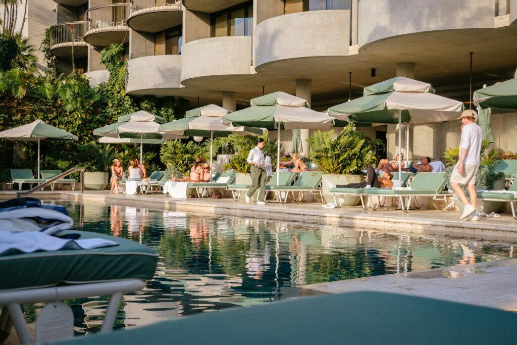 A poolside brunch setting, a different product entirely from the food-led sitting indoors