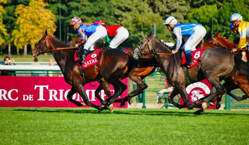 Field of thoroughbreds racing past the Prix de l’Arc de Triomphe hoardings