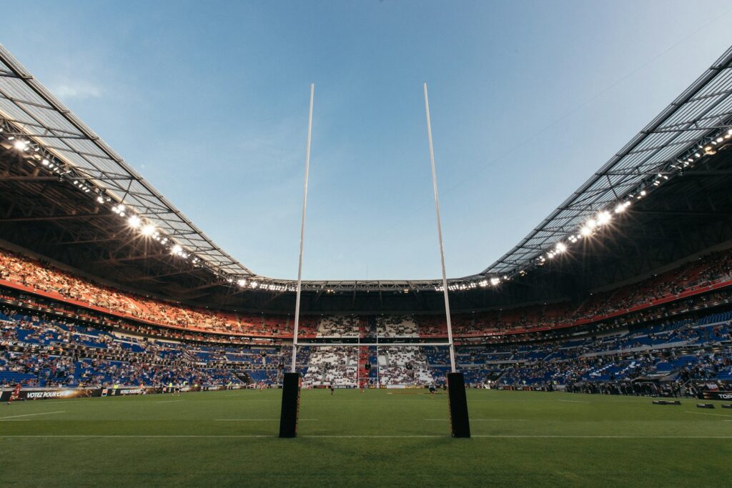Rugby posts inside an empty championship stadium — Perfect.Live