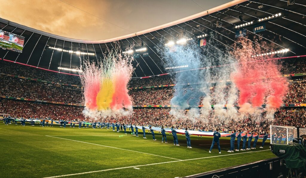 Packed stadium under lights during a Rugby World Cup match — Perfect.Live