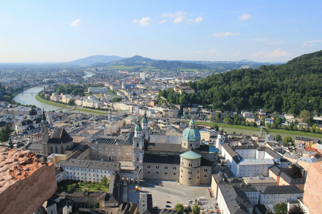 Aerial view of Salzburg old town and the Salzach river