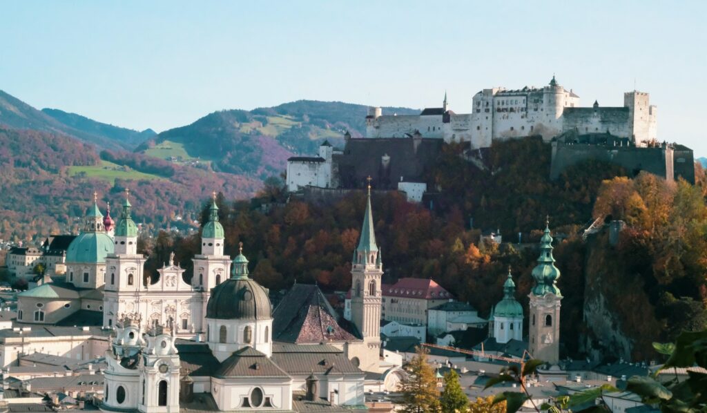 Salzburg skyline with the Hohensalzburg fortress above the old town during the Salzburg Festival