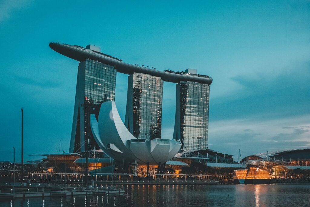 Marina Bay Sands in Singapore lit up at dusk