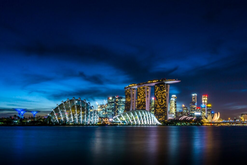 The Marina Bay skyline in Singapore lit up at night