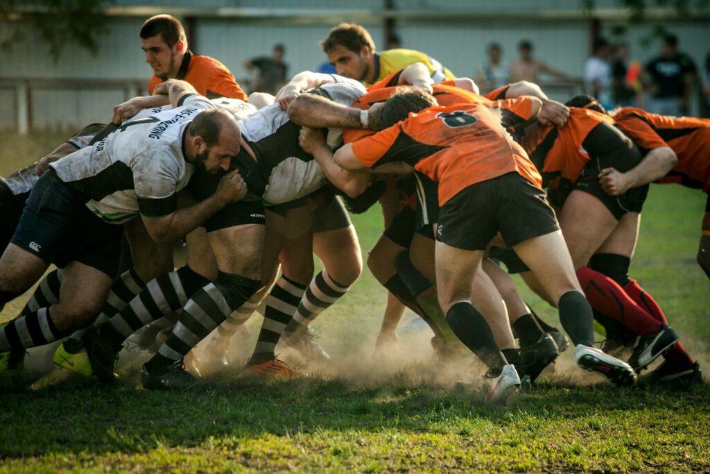 Rugby players in a scrum during a championship match — Perfect.Live