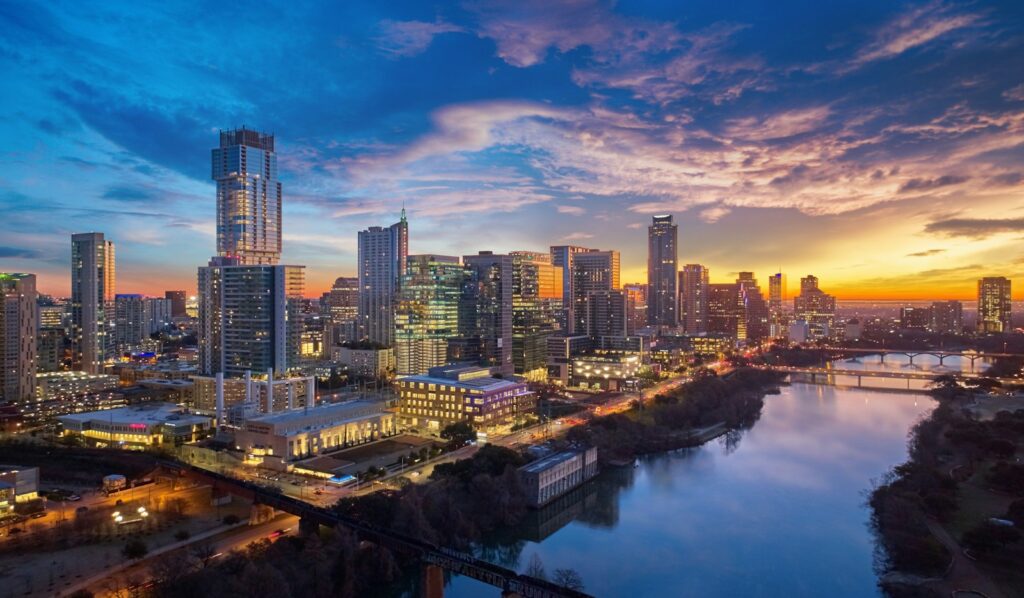The Austin, Texas skyline at sunset, host city of SXSW