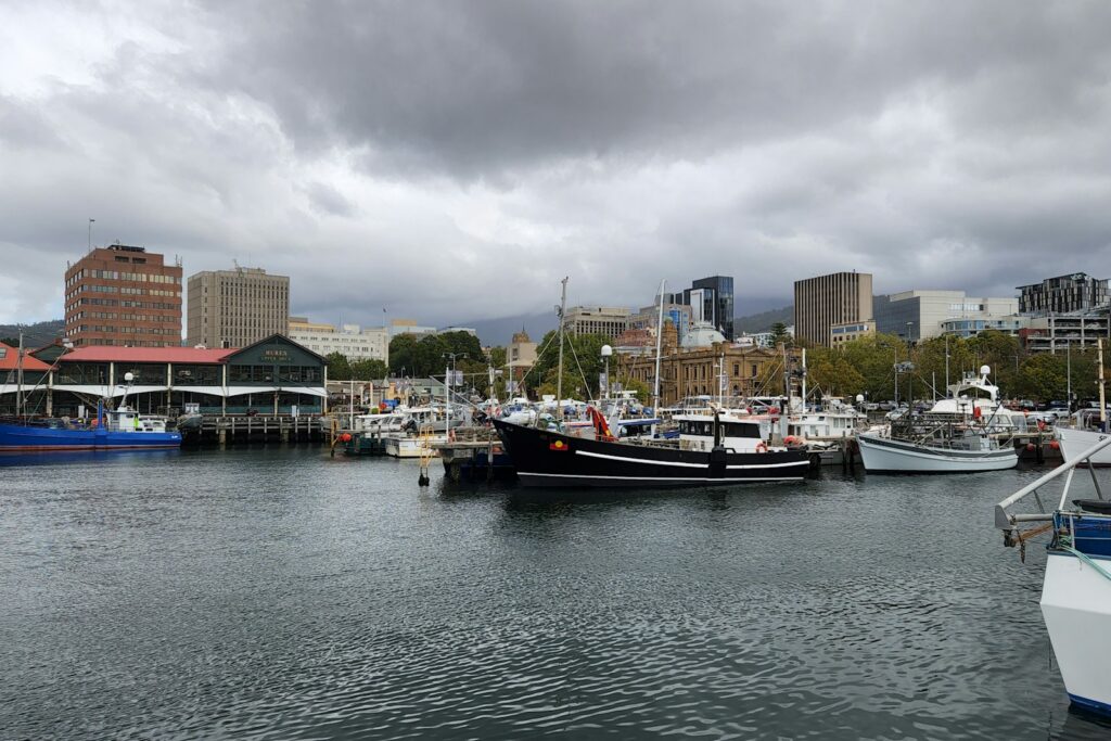 Fishing boats moored at the Hobart waterfront with the city behind