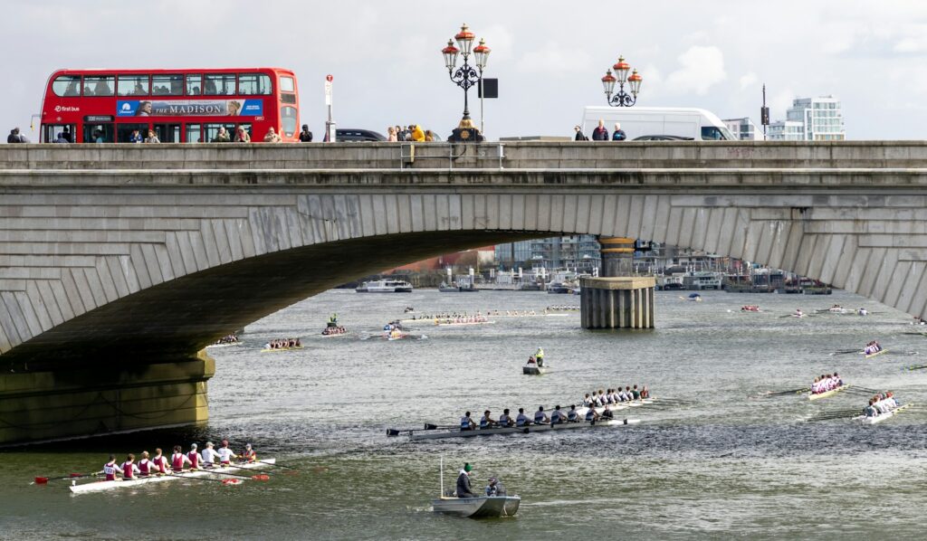 Rowing eights on the Thames in London, the river the Boat Race is rowed on