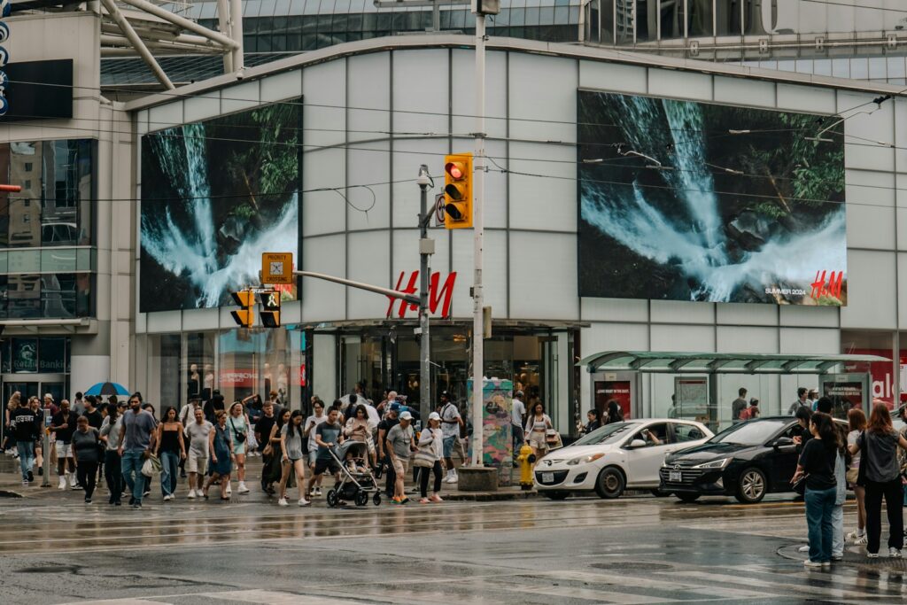 A crowd gathered outside a venue in downtown Toronto
