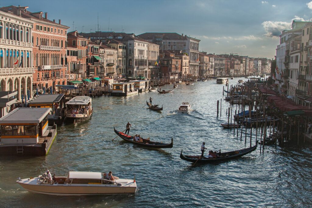 Gondolas and palazzi along the Grand Canal in Venice