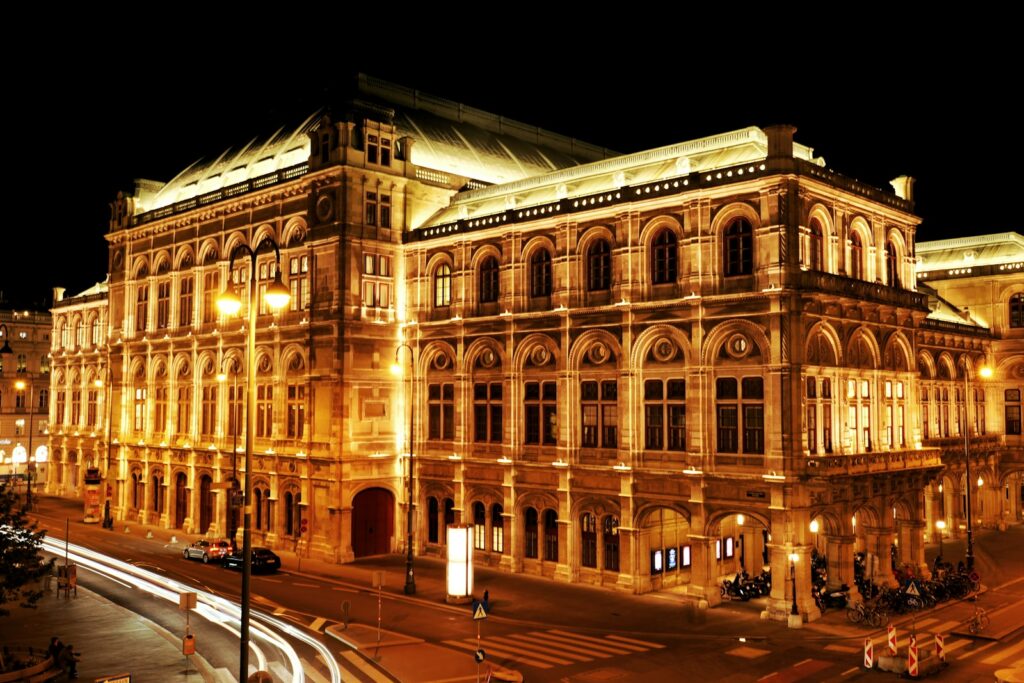 The Vienna State Opera lit at night