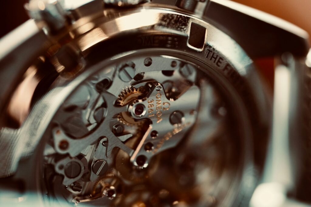 Close-up of the movement of a mechanical wristwatch