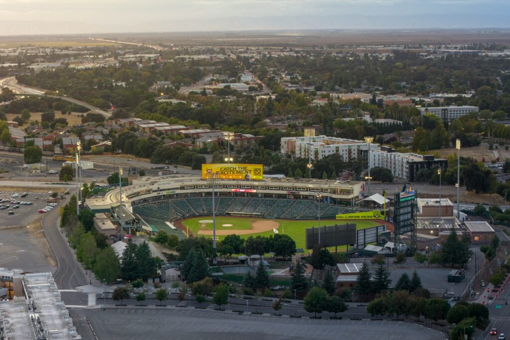Aerial view of a ballpark at dusk before a World Series game — Perfect.Live