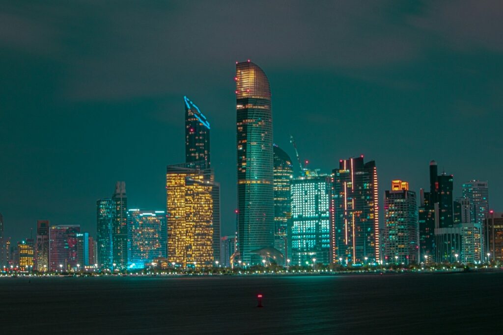 Yas Island and the Abu Dhabi skyline after dark — Perfect.Live