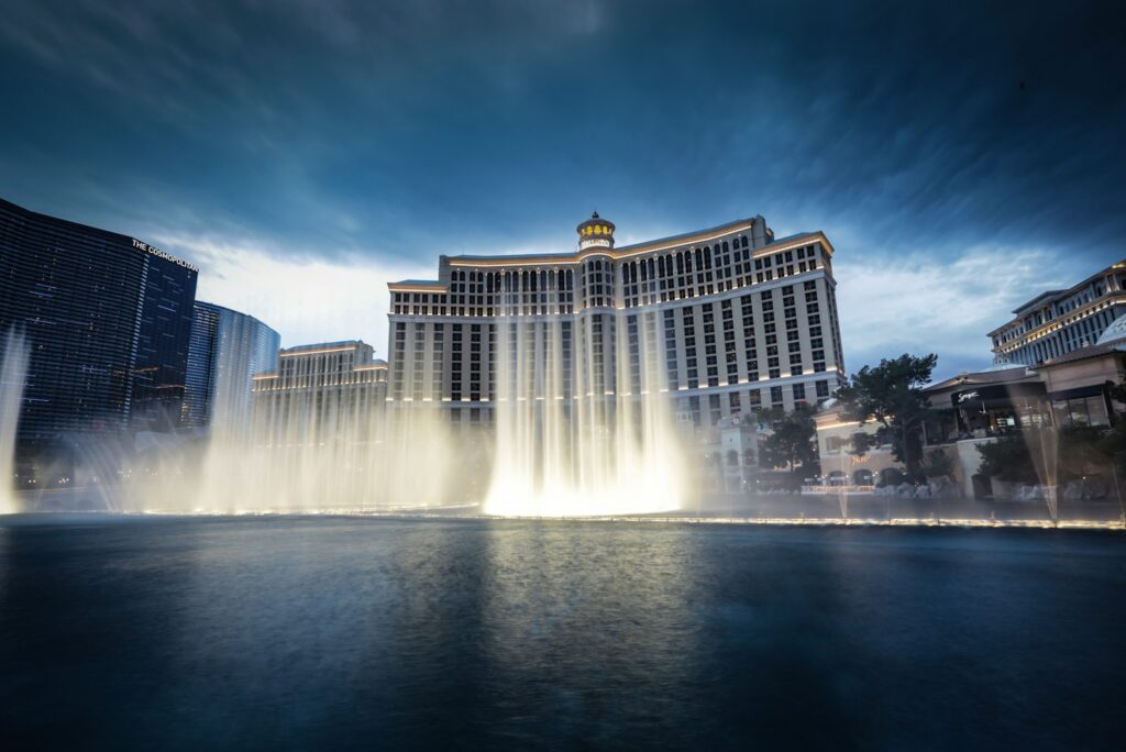 The Bellagio fountains and hotel on the Las Vegas Strip