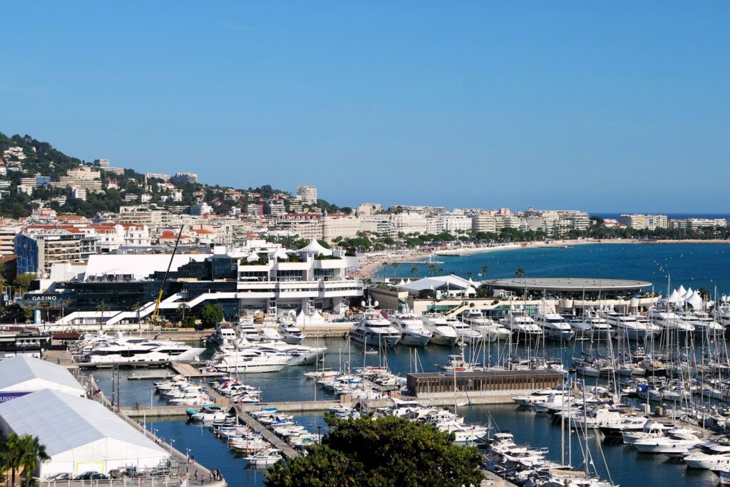 Cannes bay with La Croisette and the Old Port filled with yachts