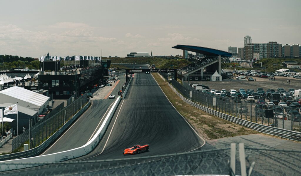 Race car on the start and finish straight at Circuit Zandvoort, former home of the Dutch Grand Prix