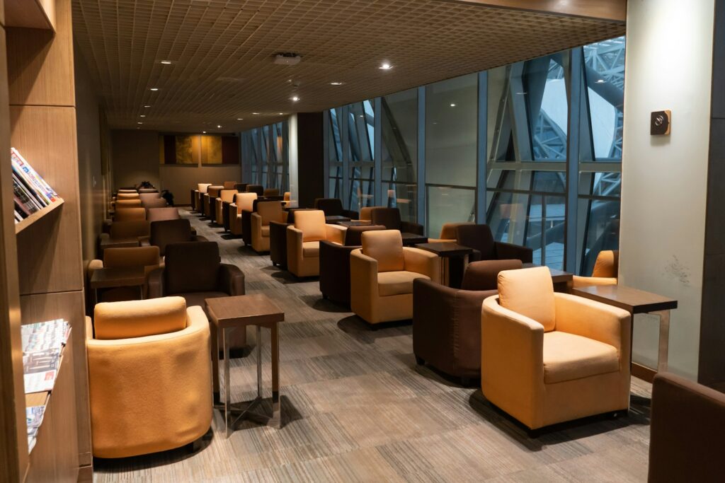 A private hospitality lounge overlooking a stadium pitch