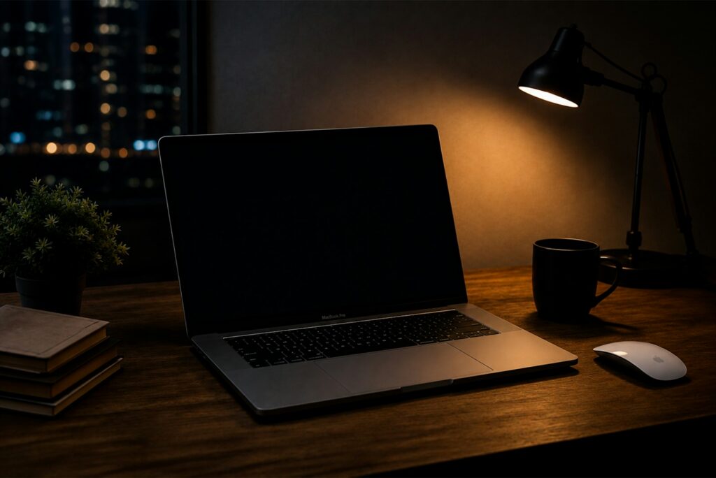 Executive desk with a laptop and warm lamp light at dusk, city lights beyond the window