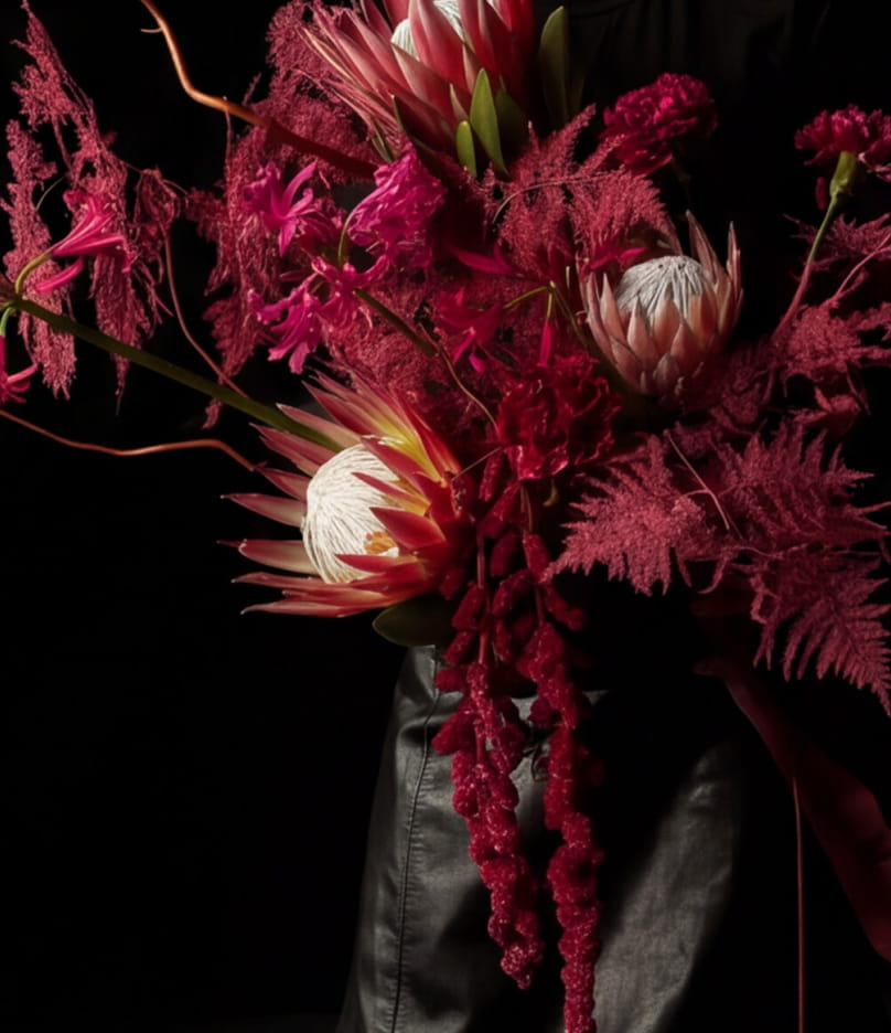 One-off floral composition in deep crimson tones