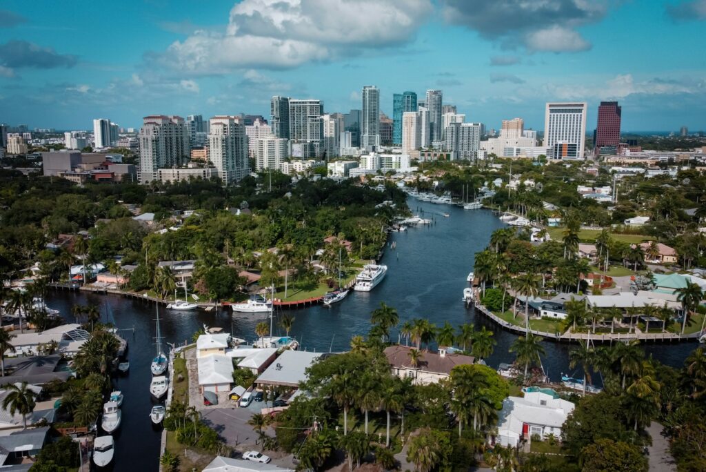 Aerial view of downtown Fort Lauderdale with boats moored along the canal