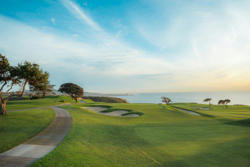 Golf fairway with a cart path leading towards the sea in soft light