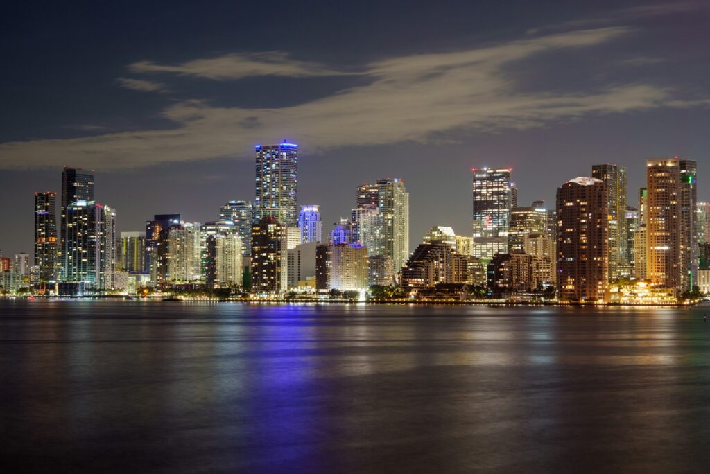 The Brickell skyline across Biscayne Bay at night, Miami