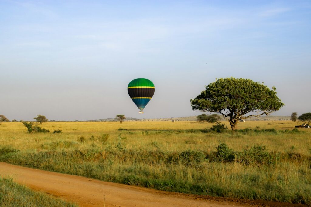A hot-air balloon drifting over the savannah at sunrise during a safari